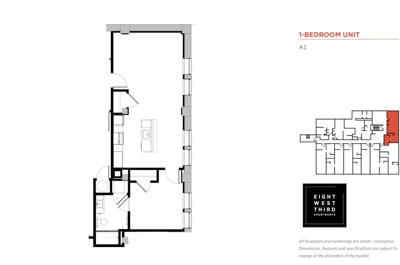 1-BEDROOM FLOORPLAN Unit A1: Entrance door opens to the living room adjacent to the kitchen area, w/ a closet on the right side of the front door, and the kitchen appliances and cabinets on the same wall. The kitchen aisle is in the middle of the right part of the living room/dining area. The door to the bedroom is in the corner of the kitchen, next to windows. Inside the bedroom, a closet is on the right side, and counterclockwise is a door to the bathroom w/ a sink, toilet, a shower & washer/dryer.