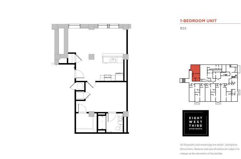 1-BEDROOM FLOOR PLAN Unit B15:  Entrance door opens into the kitchen adjacent to the living room, w/ closet on the right side of the front door, and the kitchen appliances w/cabinets on the right wall, opposite kitchen aisle. The bedroom door on the right of the front door. kitchen. Inside the bedroom door, a closet is on the right side and counterclockwise is a smaller closet, next to which is a door to the bathroom w/ a sink, toilet, and a bathtub.