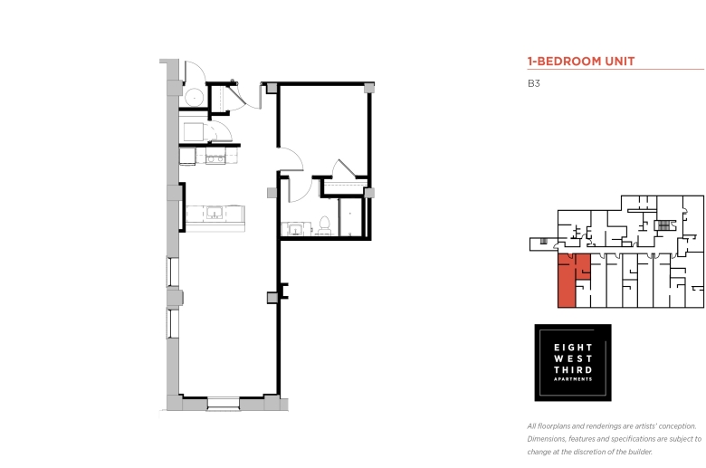 1-BEDROOM FLOOR PLAN Unit B3: Entrance opens into a hallway w/ a closet on the right wall, followed by a washer/dryer closet. Kitchen appliances & cabinets are next on the right w/ the kitchen aisle opposite straight ahead & a door to the bedroom on the left. The bedroom has a door to the bathroom on the right, next to a closet. The bathroom has a sink, a toilet & a shower. The kitchen is adjacent to the living room.
