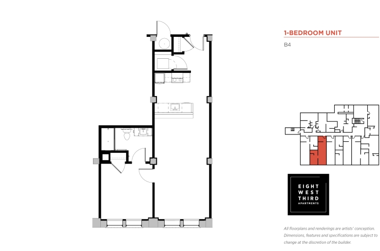 1-BEDROOM FLOOR PLAN Unit B4: Entrance opens into a hallway w/ a closet on the right wall, followed by a washer/dryer closet.  Kitchen appliances & cabinets are next, opposite a kitchen aisle.  Kitchen area is adjacent to the living room w/ a door to the bedroom. Inside the bedroom, on the right is a door to the bathroom and a closet next to it. Bathroom has a sink, a toilet & a shower.