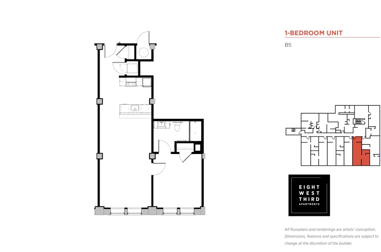 1-BEDROOM FLOOR PLAN Unit B5: Entrance into a hallway with a closet on the left, followed by a washer/dryer closet on the same wall. Hallway leads to the kitchen with appliances and cabinets on the right and opposite to them, also on the right, a kitchen aisle.  Adjacent to the kitchen is the living room with a door to the bedroom on the left. Inside the bedroom, on the left is a door to the bathroom with a sink, a toilet and a shower. Next to the bathroom door is a closet.