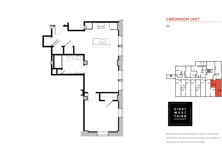 1-BEDROOM FLOOR PLAN Unit B6: Entrance leads to an open kitchen area on the left and has a washer/dryer closet on the right, next to a perpendicularly placed closet, next to a water heater closet. The kitchen is adjacent to the living room area w/ a door to the bathroom on the right & a door to the bedroom straight ahead.  The bathroom has a sink, a toilet, a shower, and a small closet. The bedroom has a large closet.