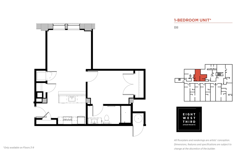 1-BEDROOM FLOOR PLAN Unit B8: Entrance opens into the kitchen w/ a closet on the right wall followed by the kitchen appliances w/cabinets, opposite the kitchen aisle. Proceeding to the left from the entrance and passing the kitchen aisle on the right, there are two closets on the left (one for W/D) in the adjacent living room area and on the right a door to the bedroom. Inside is a large closet on the opposite wall and, on the right wall, a door to the bathroom w/ a sink, a toilet and a shower. 