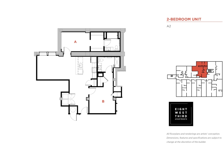 2-BEDROOM FLOOR PLAN Unit A2: Entrance leads to a hallway w/ washer/dryer closet on the left & a door to Bedroom B on the right. Inside Bedroom B are 2 closets, the large one on the left is next to the bathroom door. Bathroom has a toilet, sink & bathtub.  Hallway leads to the kitchen w/ a closet & appliances & cabinets, w/ the kitchen aisle opposite. Kitchen is adjacent to the living room w/ a door to Bedroom A. Inside the bedroom is a walk-in closet w/ a door to the bathroom w/ a sink, toilet, and shower.