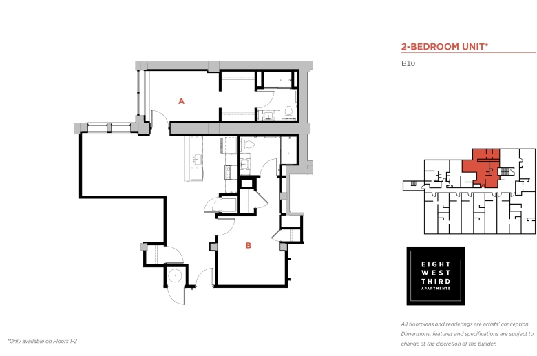 2-BEDROOM FLOOR PLAN Unit B10: Entrance leads into a hallway w/ a closet on the left and a door to Bedroom B on the right. Inside this bedroom are 2 closets, the large one on the left is next to the bathroom door. Bathroom has a toilet, a sink & a shower. The hallway leads to the kitchen w/ a closet, appliances & cabinets, opposite a kitchen aisle. The kitchen is adjacent to the living room w/ a door to Bedroom A. Inside Bedroom A is a walk-in closet w/ a door to the bathroom w/ a sink, a toilet & a shower.