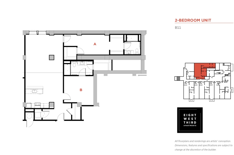 2-BEDROOM FLOOR PLAN Unit B11: Front door opens into a hallway w/ a closet (right) and a washer/dryer closet (left). The hallway leads into the kitchen with appliances & cabinets (left), opposite a kitchen aisle, and a door to Bedroom B (right).  The bedroom B has a door to the bathroom w/ sink, toilet, shower & door to a closet. The hallway leads to the living room w/ a door to Bedroom A on the right. Inside this bedroom is a closet & a walk-in closet w/ a door to a bathroom w/ sink, toilet & shower.