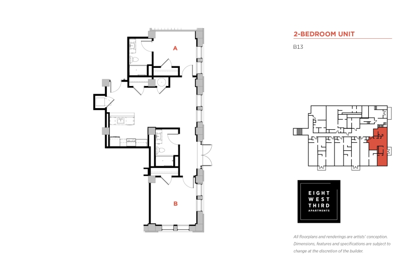 2-BEDROOM FLOOR PLAN Unit B13:  Entrance opens into the living room area & faces the adjacent kitchen, w/ kitchen aisle, cabinets & appliances.  On the right: Washer/dryer closet & on the left: a closet, a water heater closet & a door to Bedroom A. Bedroom A has a closet on the left & a door to the bathroom on the left wall. Across the living room from Bedroom A, is a hallway with entrance to a bathroom on the right and entrance to Bedroom B straight ahead. The bathroom has a sink, a toilet & a shower.