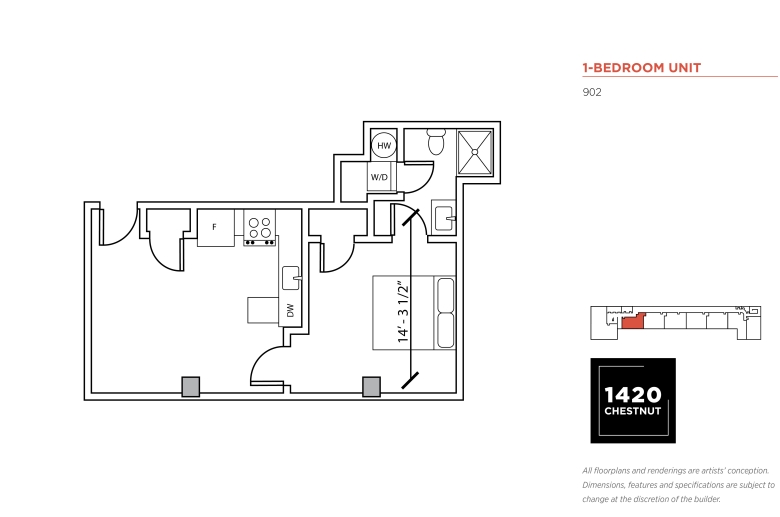 1-bedroom floorplan for 1420 Chestnut Street unit #902