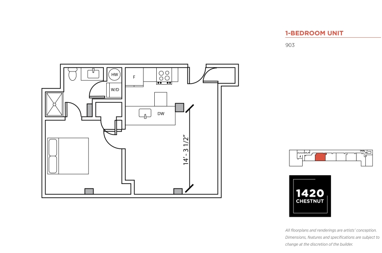 1-bedroom floorplan for 1420 Chestnut Street unit #903