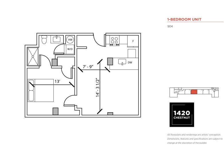 1-bedroom floorplan for 1420 Chestnut Street unit #904