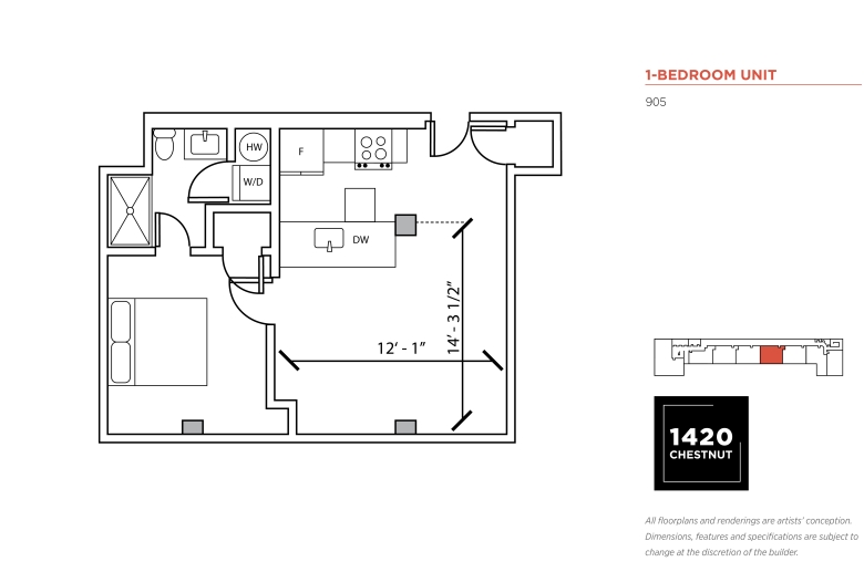 1-bedroom floorplan for 1420 Chestnut Street unit #905