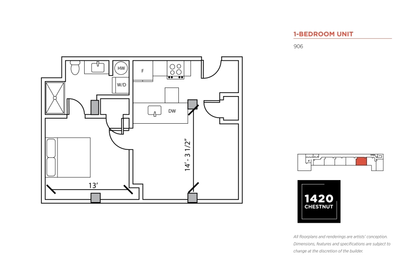 1-bedroom floorplan for 1420 Chestnut Street unit #906