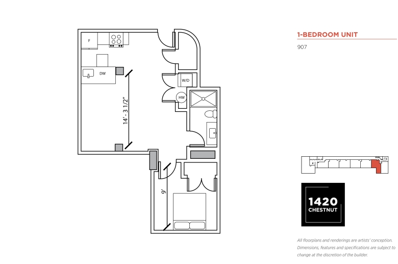 1-bedroom floorplan for 1420 Chestnut Street unit #907