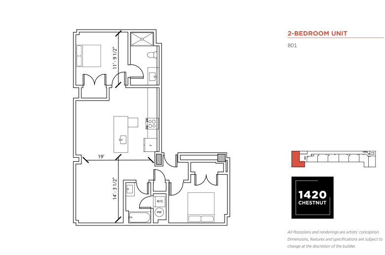 2-bedroom floorplan for 1420 Chestnut Street unit #801