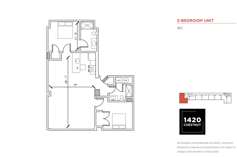 2-bedroom floorplan for 1420 Chestnut Street unit #901