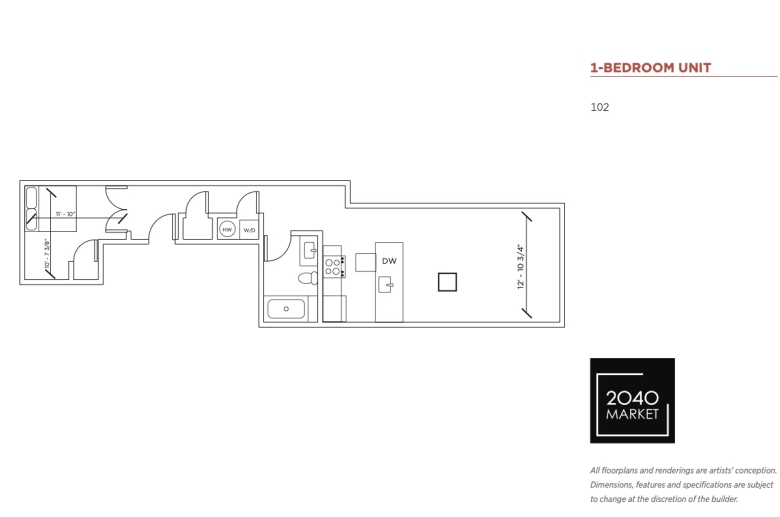 1-bedroom floorplan for unit 102 at 2040 Market Street