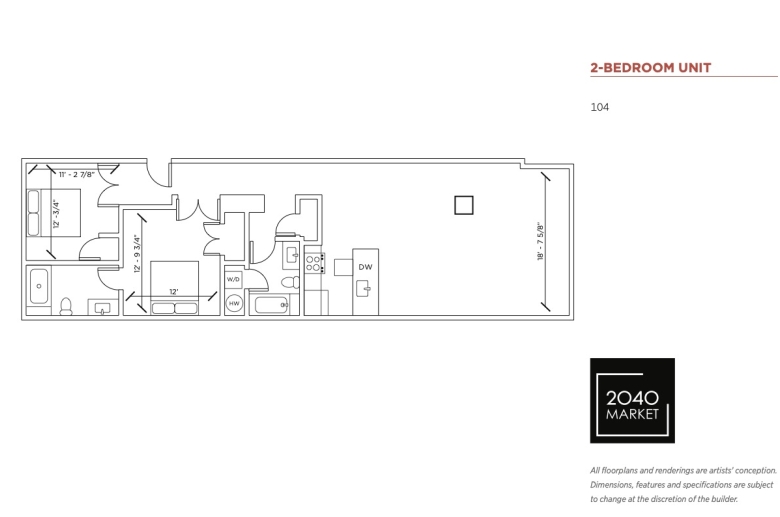 2-bedroom floorplan for unit 104 at 2040 Market Street