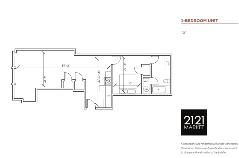 1-bedroom floorplan for unit 101 at 2121 Market Street