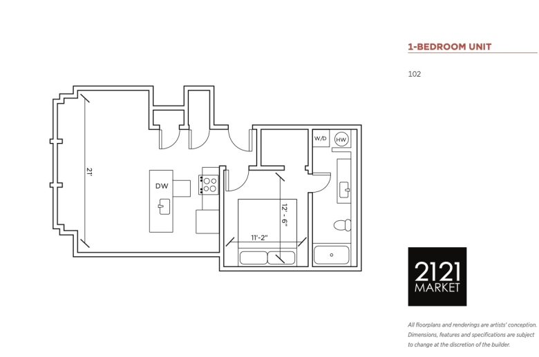 1-bedroom floorplan for unit 102 at 2121 Market Street