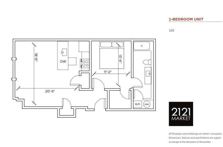 1-bedroom floorplan for unit 103 at 2121 Market Street