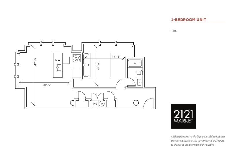 1-bedroom floorplan for unit 104 at 2121 Market Street