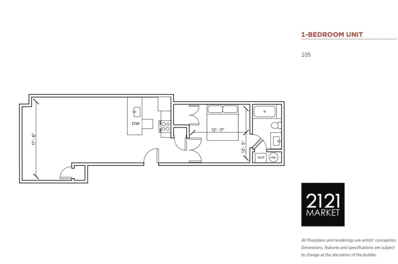 1-bedroom floorplan for unit 105 at 2121 Market Street