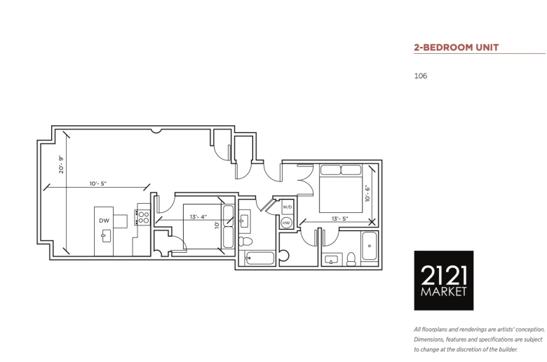 2-bedroom floorplan for unit 106 at 2121 Market Street