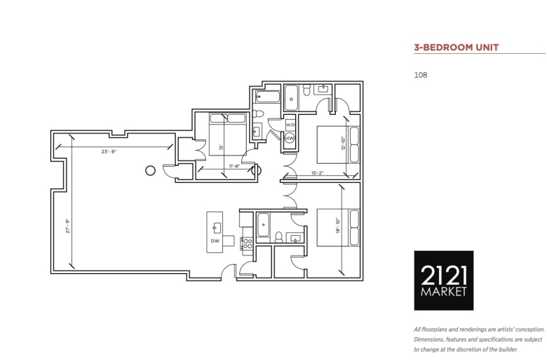 3-bedroom floorplan for unit 108 at 2121 Market Street
