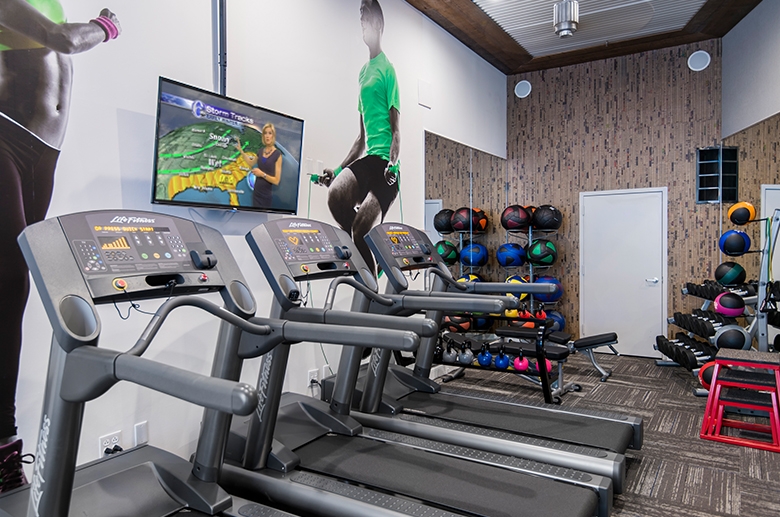 Free weights and television on the fitness center