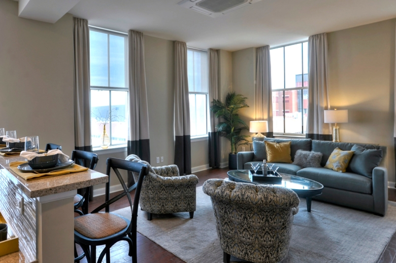 The Residences at The R. J. Reynolds Building living and entertaining area