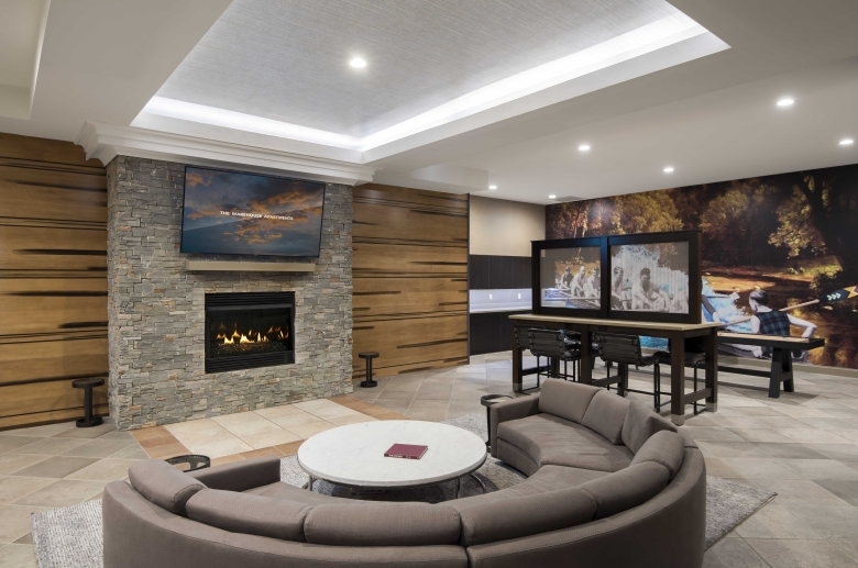 Resident lounge with gas fireplace