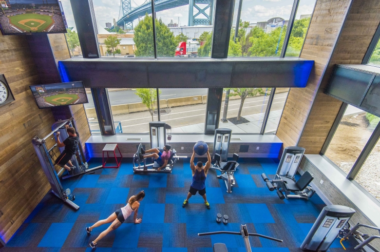 Top view of the state-of-the-art fitness center at One Water Street