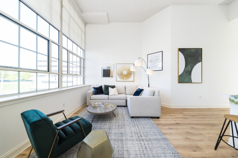 Expansive windows with panoramic city views