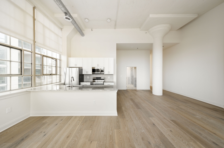 Kitchen with industrial architectural details at 2121 Market Street