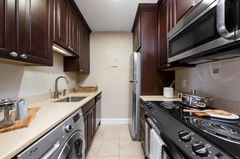 Galley kitchen with top-tier amenities