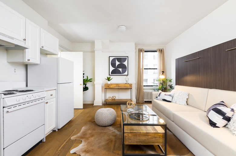 Studio kitchen and living space at Adelphia House