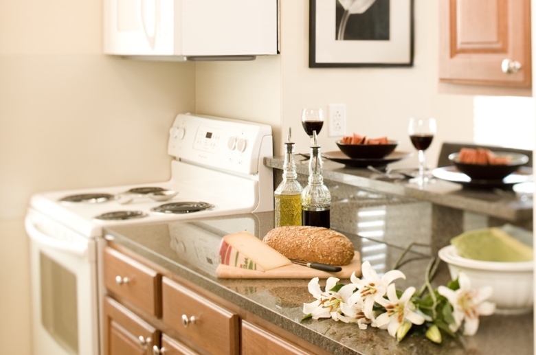 Open concept kitchen with granite countertops