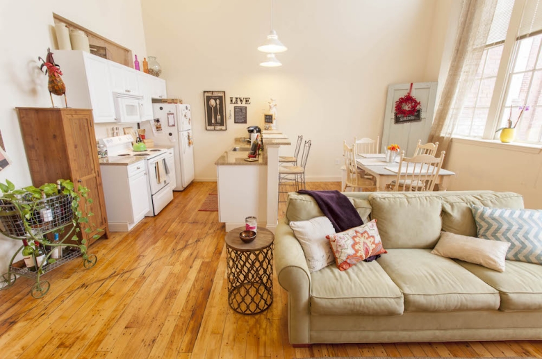 Light wood kitchen and living common space