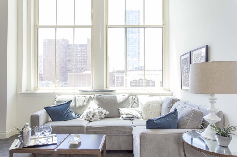 Oversized living room windows at 2121 Market Street