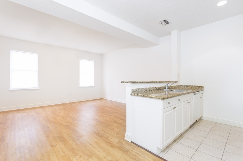 Open concept kitchen and dining areas at The Atrium