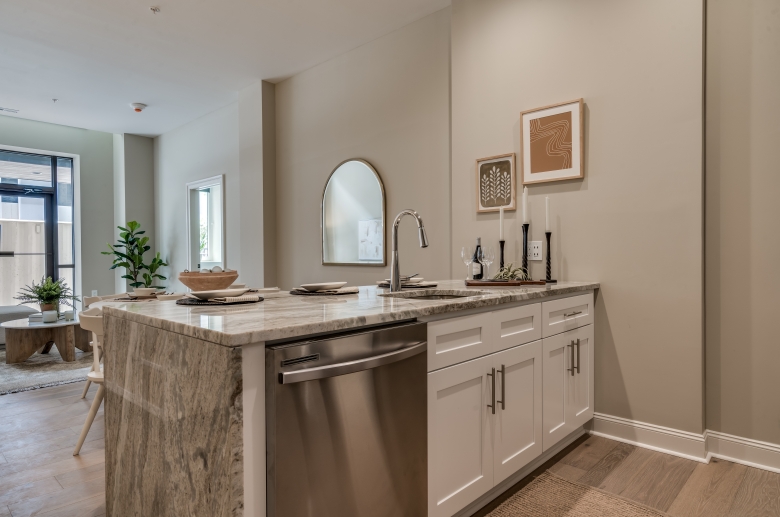 A waterfall kitchen countertop