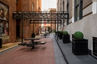 courtyard with seating and topiaries